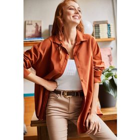 Olalook GML-19000867 Acı Kahve Gizli Patlı Oversize Poplin Kadın Gömlek