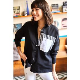 Olalook GML-19000978 Beyaz-Turuncu Kadın Cep Detaylı Oversize Dokuma Gömlek