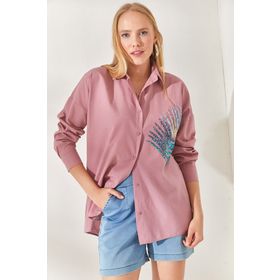 Olalook GML-19001016 Gül Kurusu Palmiye Pul Detaylı Oversize Dokuma Poplin Gömlek