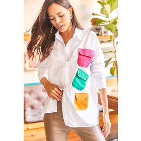 Olalook GML-19001051 Beyaz - Fuşya Renkli Cep Detaylı Oversize Dokuma Gömlek