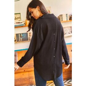 Olalook GML-19001069 Kadın Siyah Sırtı Düğmeli Arkası Uzun Dokulu Oversize Gömlek