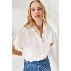 Olalook GML-19001109 Kadın Beyaz Yarasa Oversize Keten Gömlek