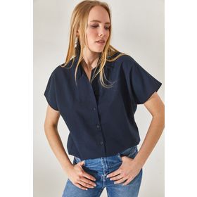 Olalook GML-19001109 Kadın Lacivert Yarasa Oversize Keten Gömlek