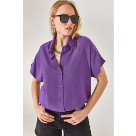 Olalook GML-19001109 Kadın Mor Yarasa Oversize Keten Gömlek