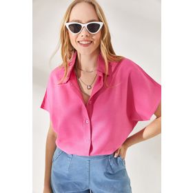Olalook GML-19001109 Kadın Pembe Yarasa Oversize Keten Gömlek