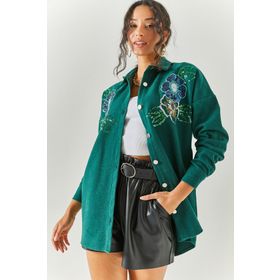 Olalook GML-19001145 Çiçek Zümrüt Yeşili Kadın Gömlek