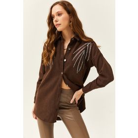 Olalook GML-19001145 Yaprak Acı Kahve Kadın Gömlek