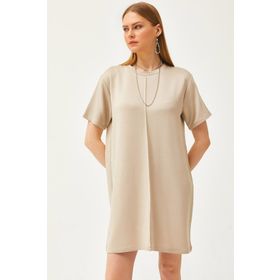 Olalook Kadın Bej Önü Dikişli Yumuşak Dokulu Mini Elbise