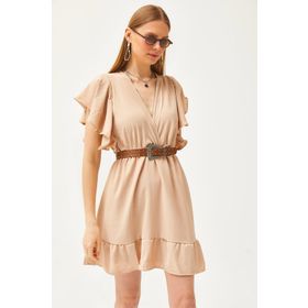 Olalook Kadın Camel Kruvaze Yaka Kol Detaylı Mini Dökümlü Elbise