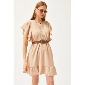 Olalook Kadın Camel Kruvaze Yaka Kol Detaylı Mini Dökümlü Elbise