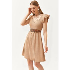 Olalook Kadın Camel U Yaka Kol Detaylı Kloş Elbise