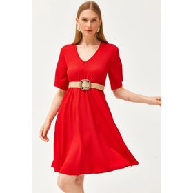 Olalook Kadın Kırmızı V Yaka Beli Lastikli Mini Elbise