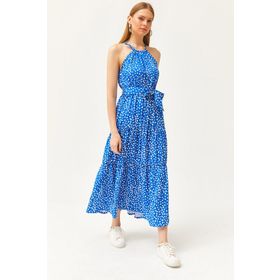 Olalook Kadın Puantiye Saks Mavi Halter Yaka Kuşaklı Dokuma Viscon Elbise