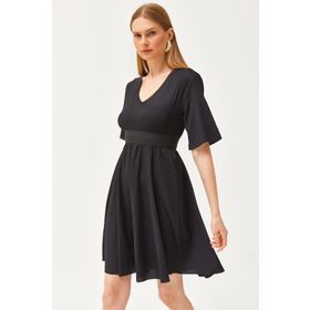 Olalook Kadın Siyah V Yaka Beli Lastikli Mini Elbise