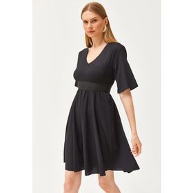 Olalook Kadın Siyah V Yaka Beli Lastikli Mini Elbise