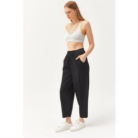 Olalook PNT-19000267 Beli Lastikli Cepli Şalvar Kesim Siyah Kadın Gabardin Pantolon