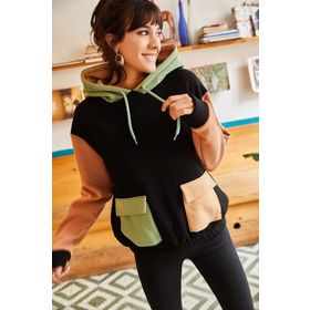 Olalook SWT-19000327 Siyah Renk Bloklu Polarlı Kadın Sweatshirt