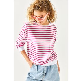 Olalook SWT-19000457 Beyaz Fuşya Yumuşak Dokulu Salaş Kadın Sweatshirt