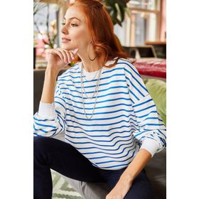Olalook SWT-19000457 Beyaz İndigo Çizgili Yumuşak Dokulu Salaş Kadın Sweatshirt
