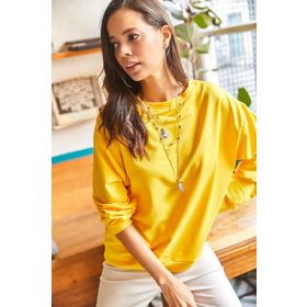 Olalook SWT-19000457 Sarı Basic Yumuşak Dokulu Salaş Sweatshirt