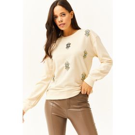 Olalook SWT-19000598 Bej Göz Nakışlı Mevsimlik Sweatshirt