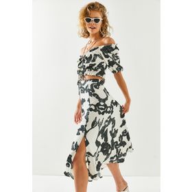 Olalook TKM-19000188 Kadın Beyaz Siyah Üst Bluz Alt Yırtmaçlı Etek Takım