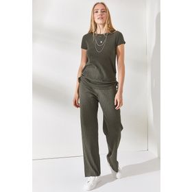 Olalook TKM-19000196 Kadın Haki Yanı Büzgülü Bluz Palazzo Pantolon Takım