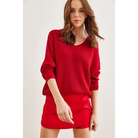 Olalook TNK-19000081 Kırmızı V Yaka Selanik Örgü Oversize Triko Tunik