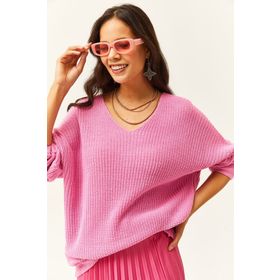 Olalook TNK-19000081 Şeker Pembe V Yaka Selanik Örgü Oversize Triko Tunik