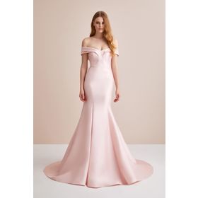 Oleg Cassini 4XLVC3649 Toz Pembe Kayık Yaka Saten Uzun Abiye Elbise