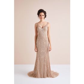 Oleg Cassini YBTUR002 Şampanya Rengi Payetli Dar Kesim Uzun Abiye Elbise