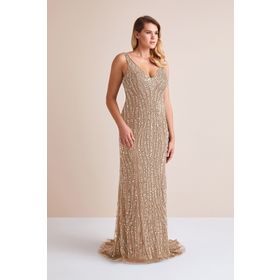 Oleg Cassini YBTUR002 Şampanya Rengi Payetli Dar Kesim Uzun Abiye Elbise