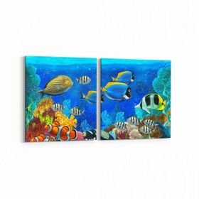 Olla 12087K2Y Akvaryum Balık Görseli Kare 2 Parça Yatay 65x30 cm Kanvas Tablo