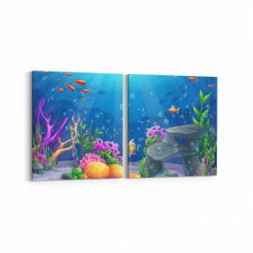 Olla 12146K2Y Akvaryum Balık Görseli Kare 2 Parça Yatay 65x30 cm Kanvas Tablo