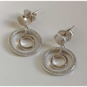 Omar Silver Çift Halkalı Zirkon Taşlı Rodyumlu 925 Ayar Kadın Gümüş Küpe