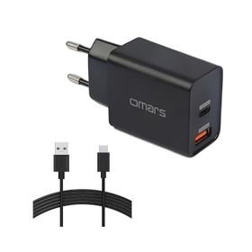 Omars 18 Watt Çift Çıkışlı Type-C USB Hızlı Şarj Cihazı ve 1 mt Type-C Kablo