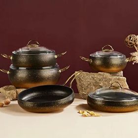 Oms 3023 7 Parça Bio Granit Altın Küre Tencere Seti