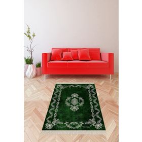 On the clouds MEG248Y Yeşil Osmanlı Desen Çerçeveli Dijital Baskı Yıkanabilir Kaymaz Taban Klasik Ve Salon Halısı Yolluk