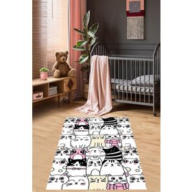 On the clouds MEGC221 Kedi Desenli Kedili Dijital Baskı Yıkanabilir Kaymaz Taban Çocuk Odası Halısı Halı