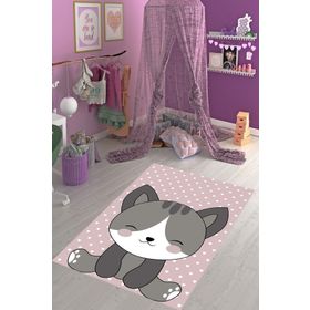 On the clouds PRA-3131497-213717 Pembe Kedi Desenli Dijital Baskı Yıkanabilir Kaymaz Taban Çocuk Odası Halısı