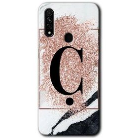 Oppo A31 Pembe Mermer Desenli C Harfi Baskılı Uyumlu Silikon Kılıf