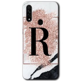 Oppo A31 Pembe Mermer Desenli R Harfi Baskılı Uyumlu Silikon Kılıf