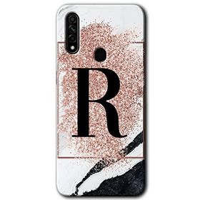 Oppo A31 Pembe Mermer Desenli R Harfi Baskılı Uyumlu Silikon Kılıf