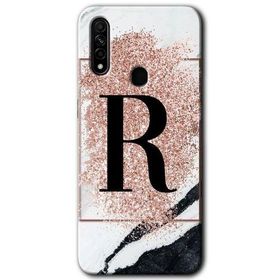 Oppo A31 Pembe Mermer Desenli R Harfi Baskılı Uyumlu Silikon Kılıf