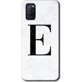 Oppo A52 Beyaz Mermer Desenli E Harfi Baskılı Uyumlu Silikon Kılıf