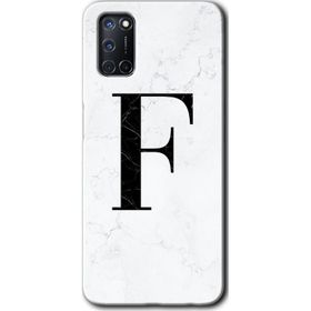 Oppo A52 Beyaz Mermer Desenli F Harfi Baskılı Uyumlu Silikon Kılıf