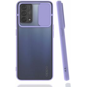 Oppo A74 Lila Kılıf Silikon Sürgülü Lens Korumalı Buzlu Şeffaf