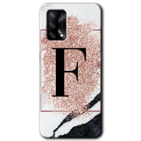 Oppo A74 Pembe Mermer Desenli F Harfi Baskılı Uyumlu Silikon Kılıf