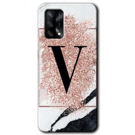 Oppo A74 Pembe Mermer Desenli V Harfi Baskılı Uyumlu Silikon Kılıf