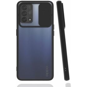 Oppo A74 Siyah Kılıf Silikon Sürgülü Lens Korumalı Buzlu Şeffaf